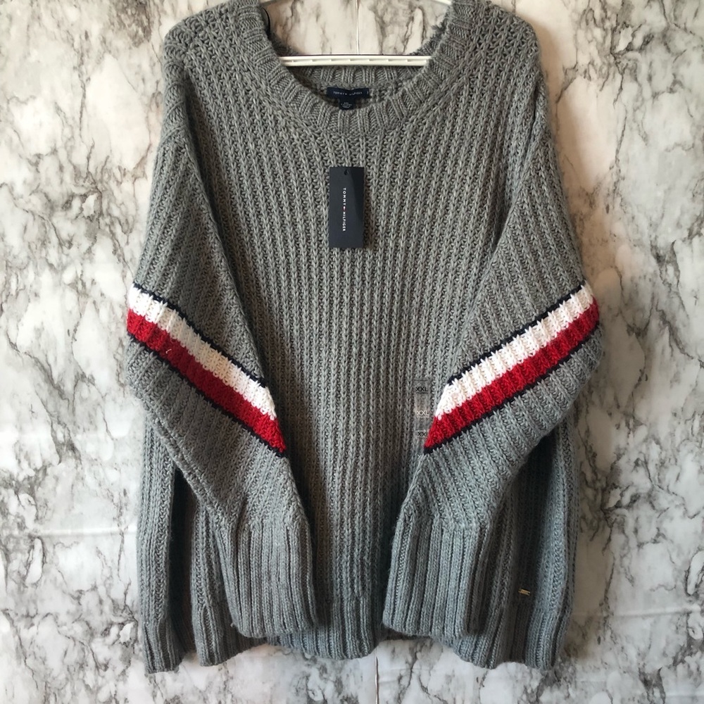 Gray Cable Knit Sweater with Red & White Stripe - Women
